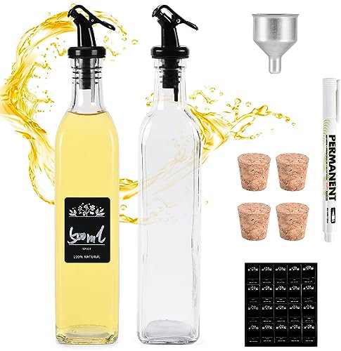 Oil Bottle 500ml 2 Pcs Oil Dispenser, Oil and Vinegar Dispenser Set, Lead Free Glass Material, Olive Oil Bottle/Vinegar Bottles/Wine Bottles, With Oil Pourer, Cork, Label, Pen and Funnel…
