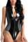 NewBull Sexy Bodysuit für Damen Nähen Mesh-Lackleder Wetlook Dessous Frauen Transparent Tüll Klassisch Teddy Jumpsuit mit Reißverschluss Ärmellos Stehkragen Ohne Schritt Reizwäsche (Schwarz)