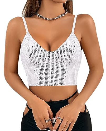 Segreto Damen Glitzer Pailletten Tanktop Ärmellos Spaghettiträger Sexy Crop Top Trägertop Festival Party Club Silber Camisole