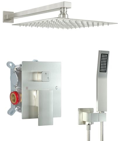 ShiureBath Ensemble de robinet de douche de 25,4 cm, système de douche à effet pluie avec pomme de douche carrée fixe et pomme de douche à main haute pression, fixation murale par pulvérisation