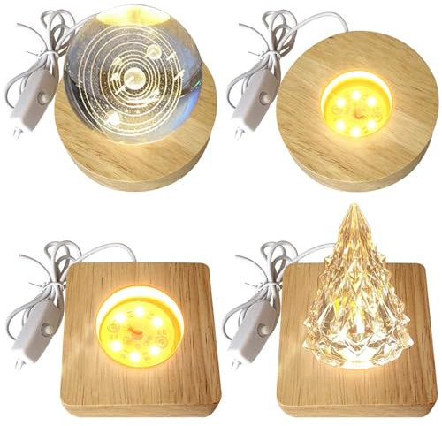 Leikurvo Holz LED Lichtsockel, 4 Stück Ständer, Display-Basis DIY Holzsockel Platte für Glasblock Beleuchtete, USB-Sockel aus Holz für Display Kristall Glas Acryl Schmuck Harz