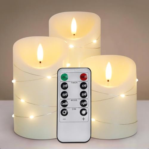 LED Wax Flameless Candles Coiled Strip Light Flicker Flame Candle Pillars USB Rechargeable Set of 3 Remote Control WAX05