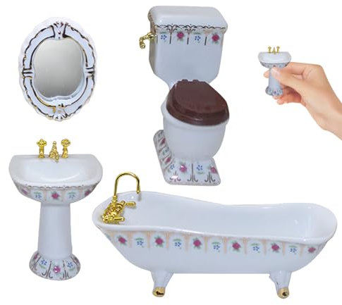 Dorccsi Puppenhaus-Badezimmer-Set inklusive Toilette, Badewanne, Waschbecken, Spiegel, 1:12 Puppenhaus-Möbel, Spielzeug mit Blumenmuster, Puppenhaus-Toilette, Puppenhaus-Möbel für Puppenhaus-Zubehör
