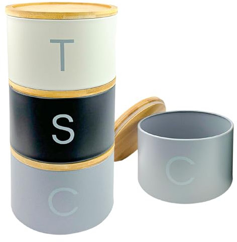 3 Pieces Jar with Wooden Lid Tea Coffee Sugar Canister Storage Container Bowl Pots Kitchen Storage Tins (Black, White & Grey)