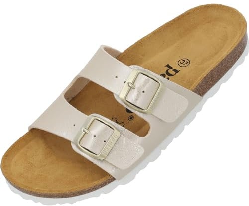 Palado Pantoletten Damen Milos Metallic – elegante Sandalen Made in Spain - bequeme Hausschuhe mit Kork-Fußbett - modische Sommerschuhe Gold UK4,5 - EU37