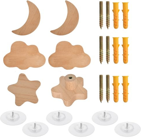 Zimoer Schrankknöpfe Holz fur Kinderzimmer,6 Stück Tier Holzs Schubladengriff,Holz-Kommodenknöpfe mit Schrauben,Holzknäufe mit Tiermotiven,Holzgriffe für Schränke(star,moon,cloud)