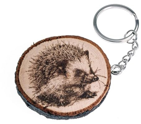 Porte-clés en bois naturel avec animal de la forêt sauvage bouclé commune, Erinaceus europaeus, Charme, Taille Unique