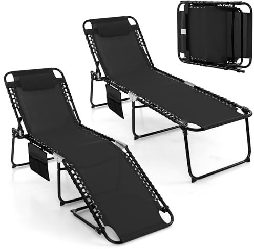 GYMAX Transat Extérieur pour Jardin, Chaise Longue Pliante avec Dossier et Repose-Pieds Réglables, Oreiller Amovible, Poche, pour Bain de Soleil, pour Piscine, Plage, Camping (Noir)