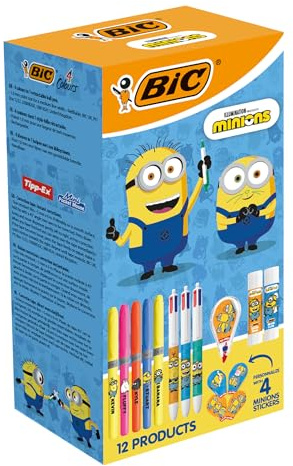 BIC Minions Schreibwaren-Set, limitierte Edition, 4 Farben, Kugelschreiber, mittlere Spitze (1,0 mm)/Textmarker, abgeschrägte Spitze, Korrekturmaus, 6 m, Klebestifte/Aufkleber – Box mit 12 Stück