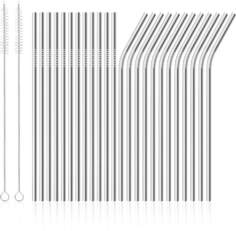 ELEpl 24 Pièces Paille Inox 21,5 cm avec Brosse de Nettoyage Pailles à Boire Metal Réutilisables 12 Pailles Droites et 12 Pailles Courbées pour Cocktail Smoothies Milkshakes Jus Café Boissons Chaudes