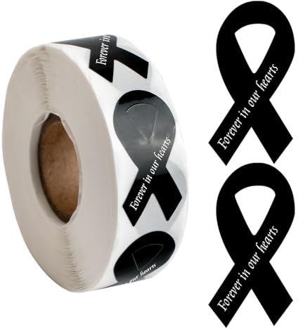 WANDIC Black Ribbon Bewusstseinsaufkleber, 500 Stück, bandförmige Aufkleber in Forever in Our Hearts für Melanome, Hautkrebs, Schlafstörungen