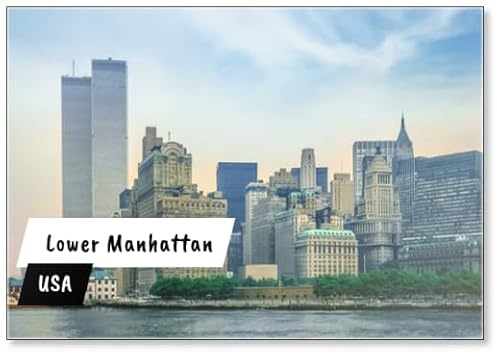 New York City Skyline aus New Jersey mit World Trade Center, als Wahrzeichen der Zwillingstürme, Lower Manhattan in NYC, USA, Kühlschrankmagnet