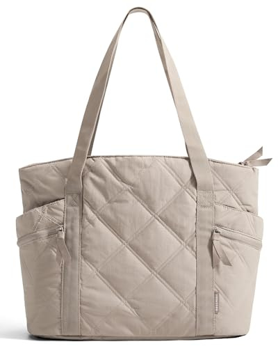 bagsmart Arbeitstasche Damen Handtasche, 20L Puffy Tote Bag Shopper Tasche mit Reißverschluss, Mehrere Fächer und Gepäckgurt für Reisen, Arbeiten, Schule, Warmes Grau