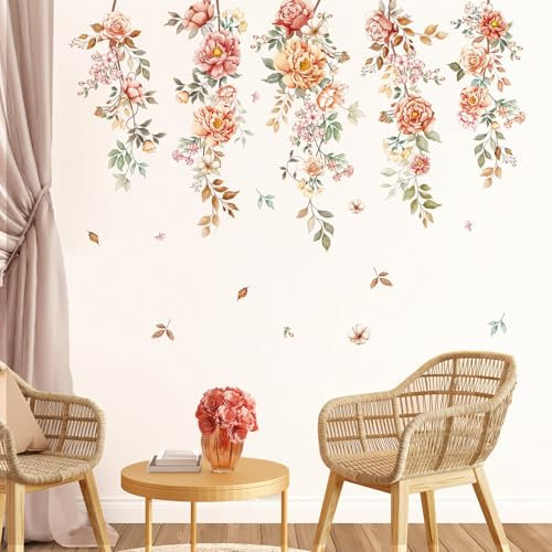 Tanlaby Boho Pegatinas de Pared Colgantes - Flores de Vid Adhesivos, Hierba y Plantas Vinilos Decorativos para Niñas Dormitorio, Sala de Estar, Oficina, TV, Sofá Fondo