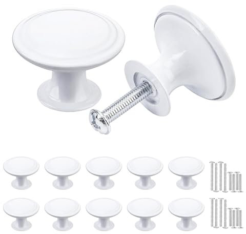 Misuyue 10 Stück Möbelknöpfe Weiß, Runde Knöpfe für Schränke, 30mm Schrankgriffe Weiß Vintage Zinklegierung, Schick Schubladenknöpfe Türknauf für Kommode Küchenschränke Kleiderschrank