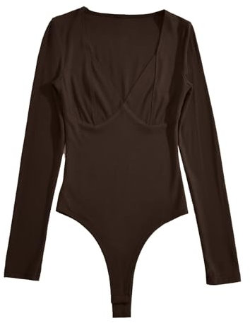 Générique Salopette Jeans Femme Combinaison Collants à Manches Longues et col en V pour Femmes, Couleur Unie, Mode Salopette Short Femme Enceinte (Coffee, L)