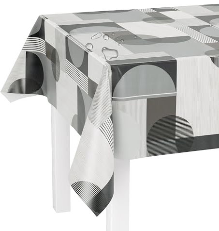 LILENO HOME Tischdecke abwaschbar als Meterware 240x140cm (Schnittkante) in Kreise und Karo grau Motiv - Wachstuchtischdecke wasserabweisend ideal als Tischtuch o. Tischläufer für Bierzeltgarnitur