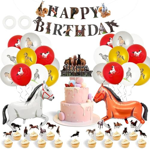 GOTFUN Horse Birthday Decorations: 41Pcs Racing Party Supplies + Horse Balloon Kit, Banner, Cake Topper