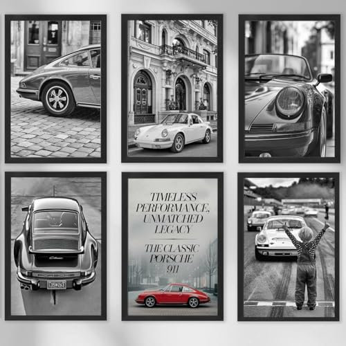 Dekomundo Porsche 911 Poster 6er Set Deko Wandbilder für Wohnzimmer, Home-Office, ohne Rahmen, 6x 30x40 cm