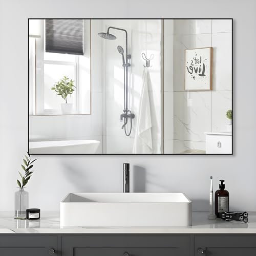 WONSTART Espejo de Pared 61x91.5 cm, Espejo de baño Negro con Marco de Metal Moderno para Lavabo