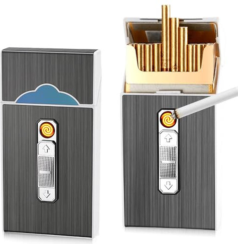 2 Stück Zigarettenetui mit Feuerzeug Elektronisch, 2 in 1 Zigarettenbox Metall, Aufladbar Zigarettenetui 20 Zigaretten, Aluminium Zigaretten Box, Schwarz