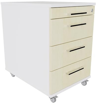 EIGENTLICH Rollcontainer 60 cm tief, 3 Schubladen und Materialauszug, Rollwagen B43xT60xH65 cm abschließbar, Schreibtischunterschrank versch. Farben (Korpus Weiß, Front Ahorn)