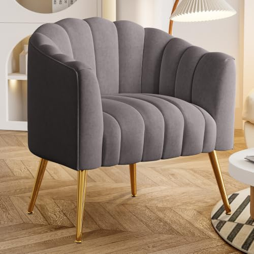 SEYNAR Sessel, Modern Sessel Wohnzimmer, Gepolsterter Loungesessel, Mid Century Armchair, Einzelsessel aus Samt, Einzelsofa in Kürbisform, für Wohnzimmer und Schlafzimmer,Grau