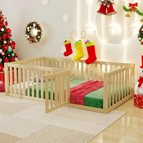 Arhatreya Kinderbett 90x200 cm, Bettrahmen mit Zaun und Tür, Holzbett mit hohem Gitter, Kiefernbett für Kinder, Natur(Ohne Matratze)