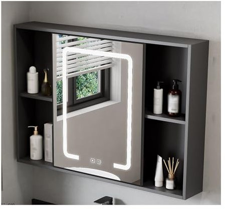 HUFIREHU Armoire Murale Salle De Bain Armoire Miroir De Salle De Bain Avec Led Meuble Mural Toilette Rangement Miroir Salle De Bain Avec Etagere Toilette Miroir Avec éClairage Led(Dark grey,90cm/35.4i