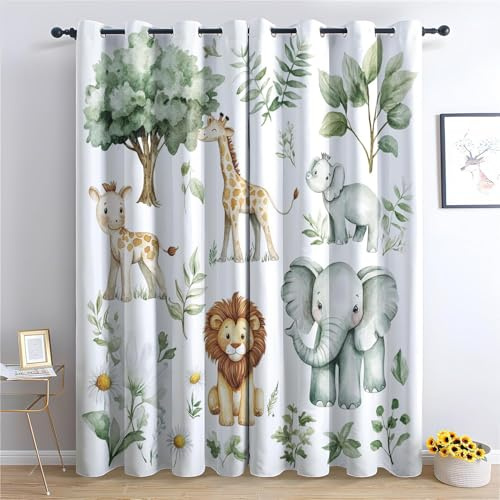 DlaQoryx Blickdichte Vorhänge Safari Tier Vorhang, Thermovorhang Kälteschutz Gardinen Cartoon Giraffen Löwen Elefanten Ösen Verdunkelungsvorhang für Schlafzimmer Wohnzimmer, 137x117 cm(Hxb) 2er Set
