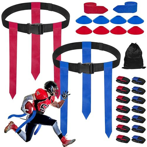 Flag Football Belts, 14 Player Adjustable Flag Football Set with 42 Flags, 8 Practice Cones and Bag, for Kids Youth and Adults Training, Red and Blue, 47in*1.5in, Red and Blue, 47in*1.5in