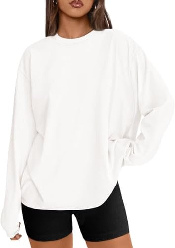 LACOZY Long Sleeve T Shirts Women Casual Round Neck Loose Top Ladies Long Sleeve Oversized T Shirt Tops White XL