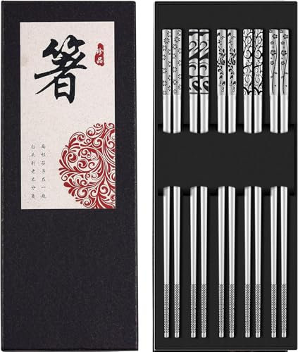 Premium Reusable Titanium-Plated Stainless Steel Chopsticks Set – Ideal Japanese & Korean Food Cooking and Anime Gifts – Non-Slip Metal Chopsticks Perfect as Kitchen Gifts (Stainless Silver)