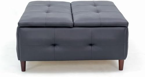 Panana Large Square Storage Ottoman with Lift Top Tufted Upholstered Ottoman Coffee Table, Oversized Ottomans with Storage Toy Box for Living Room 35D x 35W x 16H (Without wood, Black faux leather)