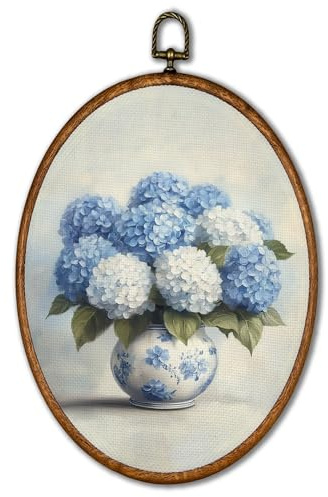 KSDUT Chinoiserie Vase Flower Wall Art Decor - Blue and White Ginger Jar Wall Art Canvas Frame Hanging Prints, White Hydrangea Wall Art Decor for Grandmillennial Home Decorations 8.6x11.4