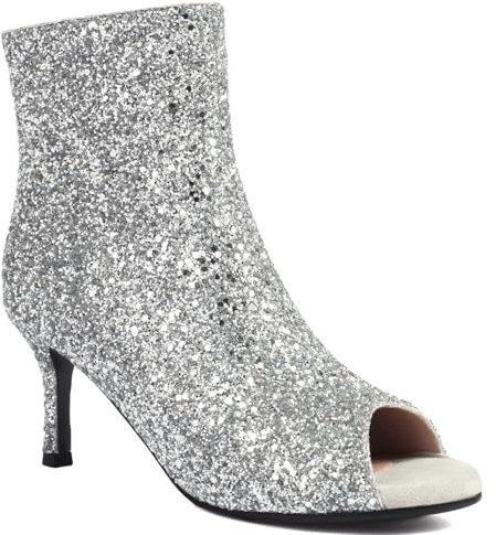 Hykytyhk Stivaletti da donna con tacco a spillo glitter punta aperta, Argento 9 cm, 44 EU
