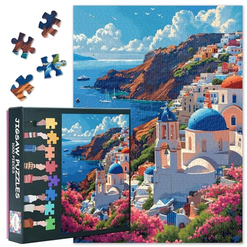 Santorini Jigsaw Puzzles - 1000 Stück Puzzle für Erwachsene, Herausfordernde Puzzle 1000 Teile Erwachsene (70 x 50 cm), Familie Spielabend & Home Decor (Ägäisches Meer Serie)