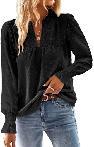 TUUHAW Tops for Women UK Elegant V Neck Autumn Flowy Ruffled Lace Blouse | Trendy Flowy Autumn Blouse, Ruffled Long Sleeves, Dressy Casual Bohemian Tunic, Swiss Dot Lace Edges, Casual Chiffon Style