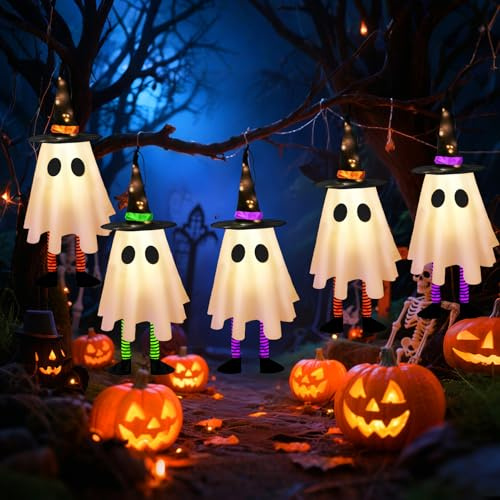 5 Stück Halloween Deko Outdoor Geist mit 8 Lichtmodi und DIY-Mund, batteriebetriebene, kabelmontierte LED-Leuchtdekorationen für den Außenbereich für Hof, Garten, Baum, Terrasse