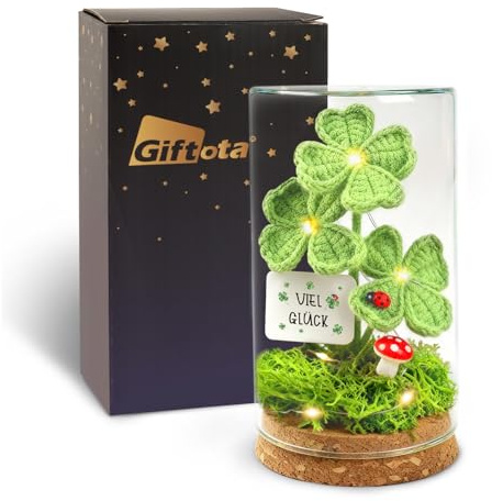 Viel Glück Geschenke Gestrickte Kleeblatt mit LED Lichterkette im Glas | Mutmacher Geschenk - Glücksbringer Geschenk für Prüfung Bestanden, Schulanfang, Operation