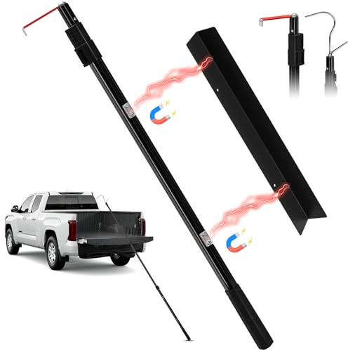 6.9 Ft Magnetically Mounted Truck Cargo Grabber Reach Retriever Tool with Two Hooks, Upgraded Extendable Telescoping Pickup Truck Bed Retriever Tool Magnetic Heavy Duty Truck Bed Accessories