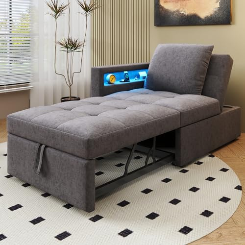 Merax 3-in-1 Schlafsofa mit LED-Armlehnen & USB/Typ-C-Anschlüssen, mit 5-Fach Verstellbarer Rückenlehne, umwandelbar zu Sofa, Lounge & Einzelbett, platzsparendes Gästebett, Leinenstoff, Dunkelgrau
