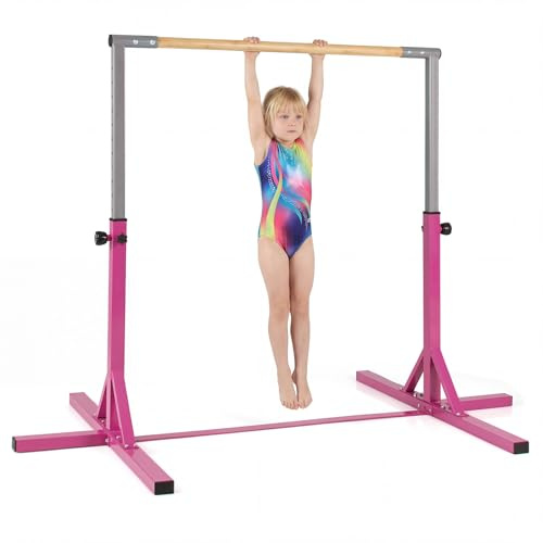 GYMAX Gymnastik Turnreck, höhenverstellbar 85-145 cm, Turnstange Gymnastikstange Kinder mit Metallrahmen & Bambusstange, Reckstange, Gymnastics Bar für Heimtraining