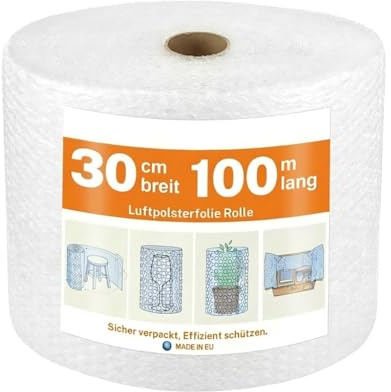 Bubble Wrap 100m x 30cm Starke Luftpolsterfolie Rolle Packaging für Umzug und Versand, Verpacken von Möbeln, Noppenfolie reißfest