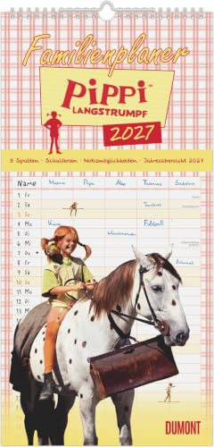 Familienplaner Pippi Langstrumpf 2027: Familienkalender 22x45 cm mit 5 Spalten, Schulferien, Jahresübersicht & fröhlichen Motiven aus Astrid Lindgrens Klassiker, für Familien