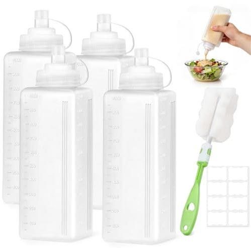 Ynwilarz 4 Pcs Squeezy Sauce Bottle, 1000ml Multipurpose Squeeze Condiment Bottles, Plastic Squeeze Bottles with Nozzles Brush and Label for Sauces Ketchup Salad BBQ Grilling Honey