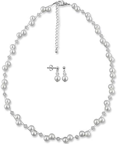 Rivelle Damen Brautschmuck Set weiß Schmuckset Perlen Strasssteine kristall Kette Collier Ohrringe Hochzeit Geschenkbox