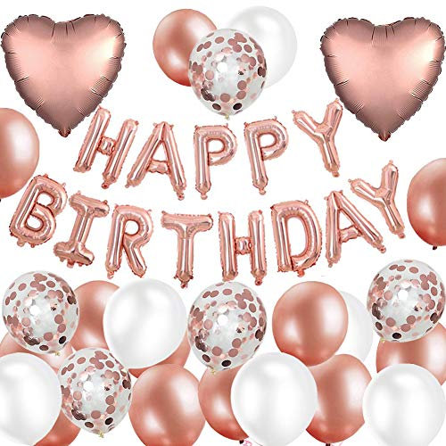 MAKFORT Geburtstag Deko Rosegold Happy Birthday Folienballons Girlande mit Konfetti Luftballons Roségold Für Geburtstag Partydeko Mädchen und Frauen