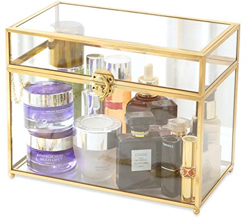Utopz Großes geometrisches Terrarium, goldfarbenes Messing, Glaskarten-Box, Vintage-Stil, rechteckige Form mit Fuß, perfekt als Tafelaufsatz, Dekoration, Geschenk und Präsentationsbox, Andenken