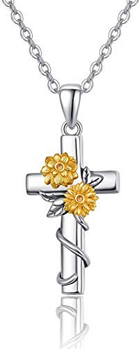 PRAYMOS Asche Anhänger 925 Sterling Silber Urnenketten für Kette Urne Andenken Halskette Memorial Feuerbestattung Schmuck für Frauen Männer Fläschchen Kremation (Sonnenblumen Kreuz Urne Kette)